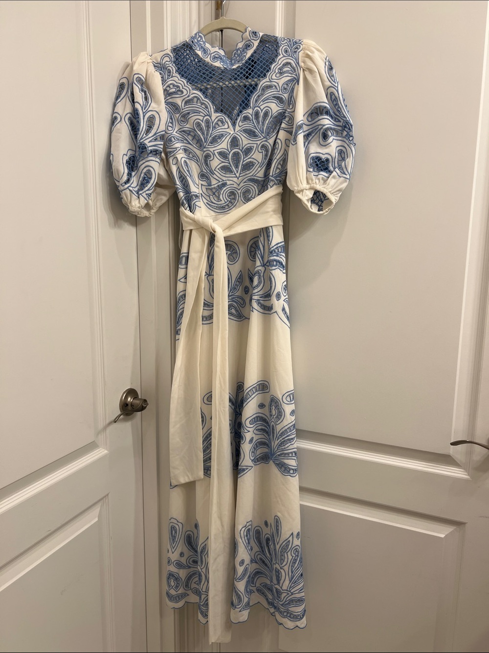 NWT Elegant White Maxi Dress with Blue Scroll Print and Waist Tie